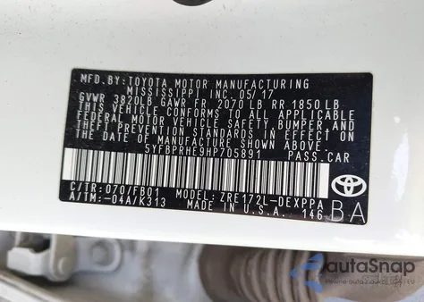 2017 Toyota Corolla Le Eco from USA, damaged, VIN 5YFBPRHE9HP705891